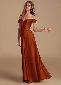 Azazie Jackalin Bridesmaid Dresses Auburn A-Line Off the Shoulder Metallic Satin Convertible Dress image3