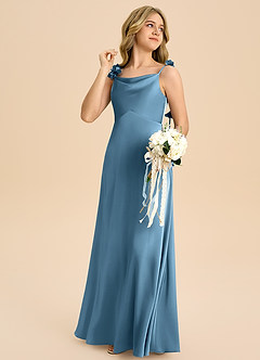 Azazie Gumdrop Junior Steel Blue Empire Pleated Stretch Satin Dress image4