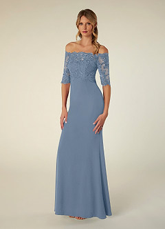 Azazie Jette Mother of the Bride Dresses Dusty Blue Mermaid Off the Shoulder Lace Dress image3