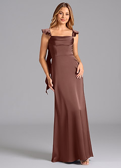 Azazie Adi Bridesmaid Dresses Espresso A-Line Pleated Stretch Satin Dress image1