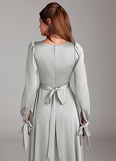 Azazie Leonia Bridesmaid Dresses Silver A-Line Long Sleeve Stretch Satin Dress image7