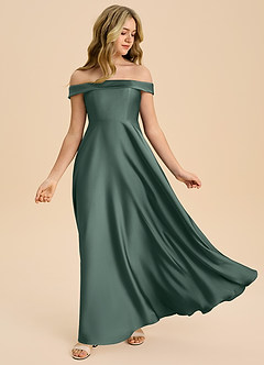 Azazie Sissy Junior Abito A-Line in Raso Elasticizzato a Spalla Scoperta Muschio Marino image5