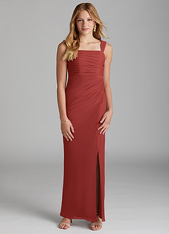 Azazie Jesaphine Junior Rust Sheath Pleated Mesh Dress image3