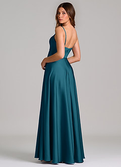 Azazie Amani Robes de demoiselle d'honneur Robe Trapèze en Satin extensible Plissée Bleu Encre image2