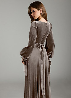 Azazie Leonia Bridesmaid Dresses Silver Taupe A-Line Long Sleeve Velvet Dress image2