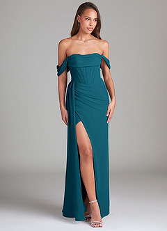 Azazie Amyra Bridesmaid Dresses Ink Blue Sheath Off the Shoulder Chiffon Convertible Dress image4