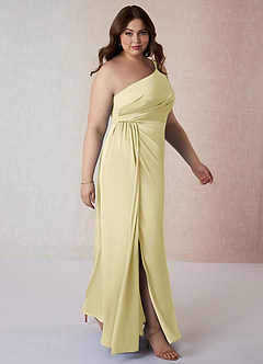 Azazie Mika Final Sale Lemon Sorbet Sheath One Shoulder Stretch Satin Dress image10