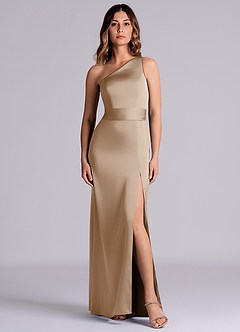 Azazie Phaedra Bridesmaid Dresses Taupe A-Line One Shoulder Stretch Satin Dress image8