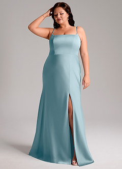Azazie Lidia Bridesmaid Dresses Moody Blue Mermaid Side Slit Stretch Satin Dress image8