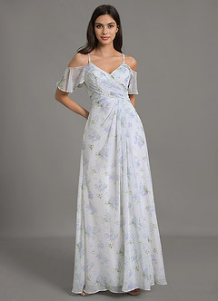 Azazie Dakota Bridesmaid Dresses Blue Vintage Floral A-Line V-Neck Pleated Chiffon Dress image5