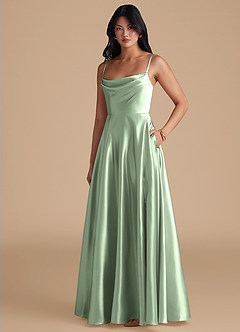Azazie Elle Bridesmaid Dresses Matcha A-Line with Pockets Metallic Satin Dress image1