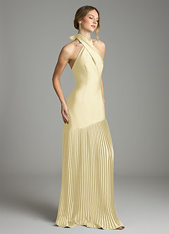 Azazie Nayeli Final Sale Lemon Sorbet A-Line Pleated Stretch Satin Dress image10