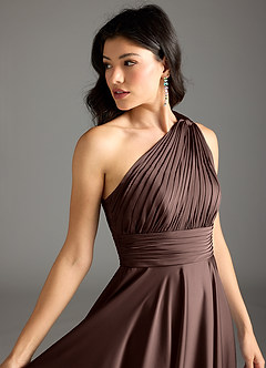 Azazie Charlize Bridesmaid Dresses Ganache A-Line One Shoulder Stretch Satin Dress image13