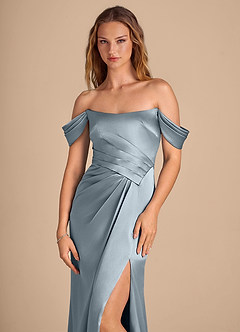Azazie Shea Bridesmaid Dresses Dusty Blue Mermaid Off the Shoulder Metallic Satin Convertible Dress image6