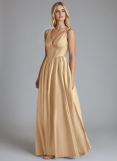 Azazie Delmie Vestidos de damas de honor Vestido de Champán de Satén Elástico de Corte en A con Corsé image4