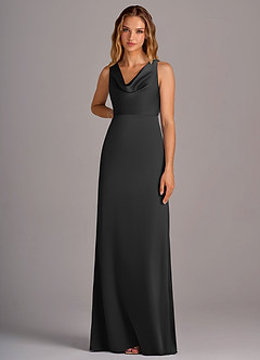 Azazie Wrenlee At-home Try On Dresses Black A-Line Stretch Satin Dress image6