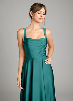 Azazie Shaude Bridesmaid Dresses Peacock A-Line Pleated Stretch Satin Dress image3
