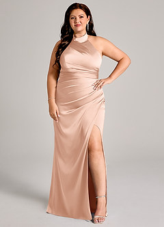 Azazie Jemma 신부 들러리 드레스 쉬스 주름진 스트레치 새틴 바닥 길이 드레스 image10