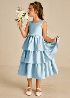 Azazie Margery Flower Girl Dresses Sky Blue A-Line Bow Stretch Satin Dress image4