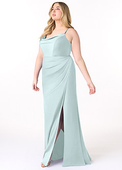 Azazie Marzia Bridesmaid Dresses Sea Glass Sheath Cowl Pleated Stretch Satin Dress image17