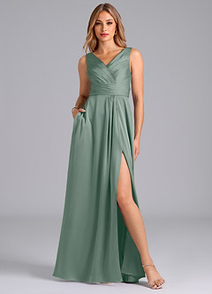 Azazie Karina At-home Try On Dresses Desert Rose A-Line Pleated Stretch Satin Dress image1