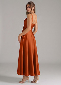 Azazie Shaude Bridesmaid Dresses Burnt Orange A-Line Pleated Stretch Satin Dress image7