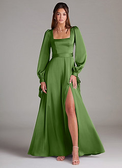 Azazie Leonia Bridesmaid Dresses Basil A-Line Long Sleeve Stretch Satin Dress image1