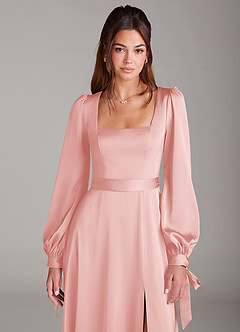 Azazie Leonia Bridesmaid Dresses Powder Pink A-Line Long Sleeve Stretch Satin Dress image6