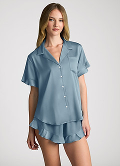 front Matching Color Ruffled Short Sleeve Pajama Set