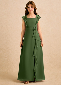 Azazie Soso Girls Formal Flower Girl Dresses Olive A-Line Pleated Chiffon Dress image3
