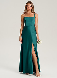 Azazie Lidia Bridesmaid Dresses Peacock Mermaid Side Slit Stretch Satin Dress image5