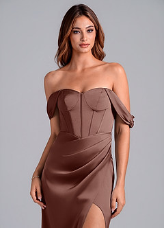Azazie Asha Jurken voor bruidsmeisjes Converteerbaar Jurk van Stretch Satijn met Kolom Off the Shoulder Espresso image5