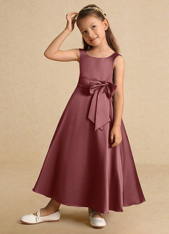 Azazie Lindy vestidos de niña de las flores Vestido de Rosa Del Desierto de Satin Mate de Acampanado con Plisado image3