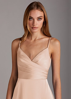 Azazie Calissa Bridesmaid Dresses Blushing Pink A-Line V-Neck Pleated Stretch Satin Dress image5