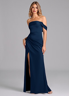 Azazie Lisbeth Vestidos de madrinha de casamento Vestido Azul Marinho de Cetim elástico de sereia com Fora do ombro image1