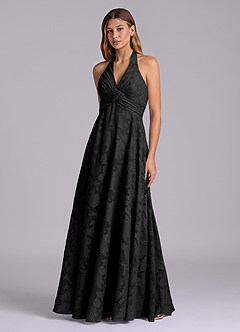 Azazie Tessie At-home Try On Dresses Black A-Line Pleated Floral Burnout Dress image3