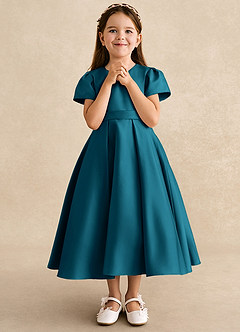 Azazie Princess Flower Girl Dresses Ink Blue A-Line Pleated Matte Satin Dress image4