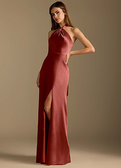 Azazie Tracie Bridesmaid Dresses Terracotta A-Line Pleated Metallic Satin Dress image4