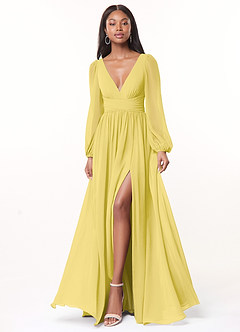 Azazie Norah Vestidos de damas de honor Vestido de Canario de Gasa de Corte en A con Manga larga con cuello en V image1