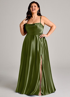 Azazie Elle Bridesmaid Dresses Olive A-Line with Pockets Metallic Satin Dress image9