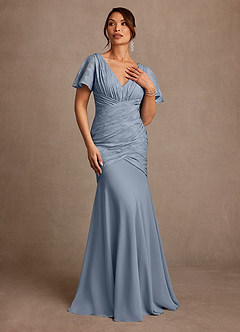 Azazie Jolene Abiti per la Madre della Sposa Abito Sirena in Burnout Floreale Plissettato Blu Polveroso image4