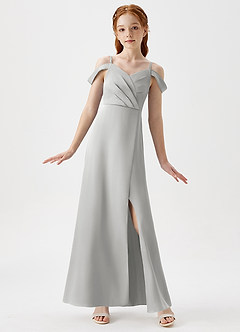 Azazie Ocean Junior Silver A-Line Off the Shoulder Stretch Satin Dress image1