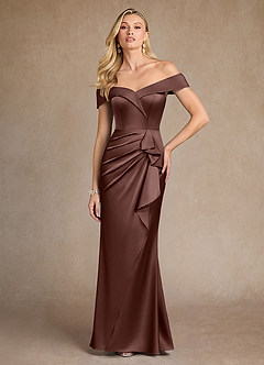 Azazie Laredo Vestidos para mãe da noiva Vestido Café Expresso de Cetim elástico de sereia com Fora do ombro image3