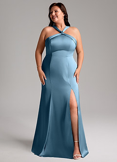 Azazie Rue Bridesmaid Dresses Steel Blue A-Line Pleated Stretch Satin Dress image10