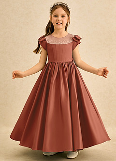 Azazie Toffee Blumenmädchenkleider Ballkleid Schleifen Matte Satin Kleid Rotbraun image3