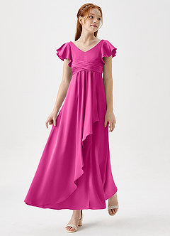 Azazie Omari Junior Fuchsia A-Line Pleated Stretch Satin Dress image3