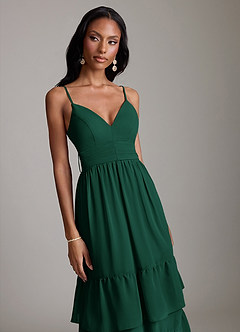 Azazie Nathalia Probar vestidos en casa Vestido de Esmeralda de Gasa de Corte en A con Volante image3