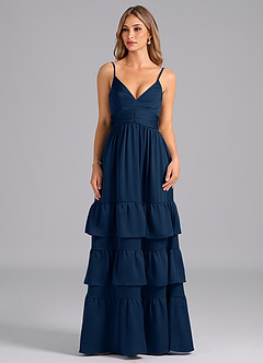 Azazie Nathalia Bridesmaid Dresses Dark Navy A-Line Pleated Stretch Satin Dress image3