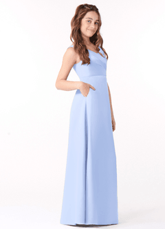 Azazie Sadia Junior Ice A-Line Pleated Stretch Satin Dress image2