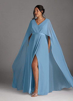 Azazie Isa vestidos de madre de la novia Vestido de Azul Acero de Gasa de Corte En A con Cuello en V plisado image10